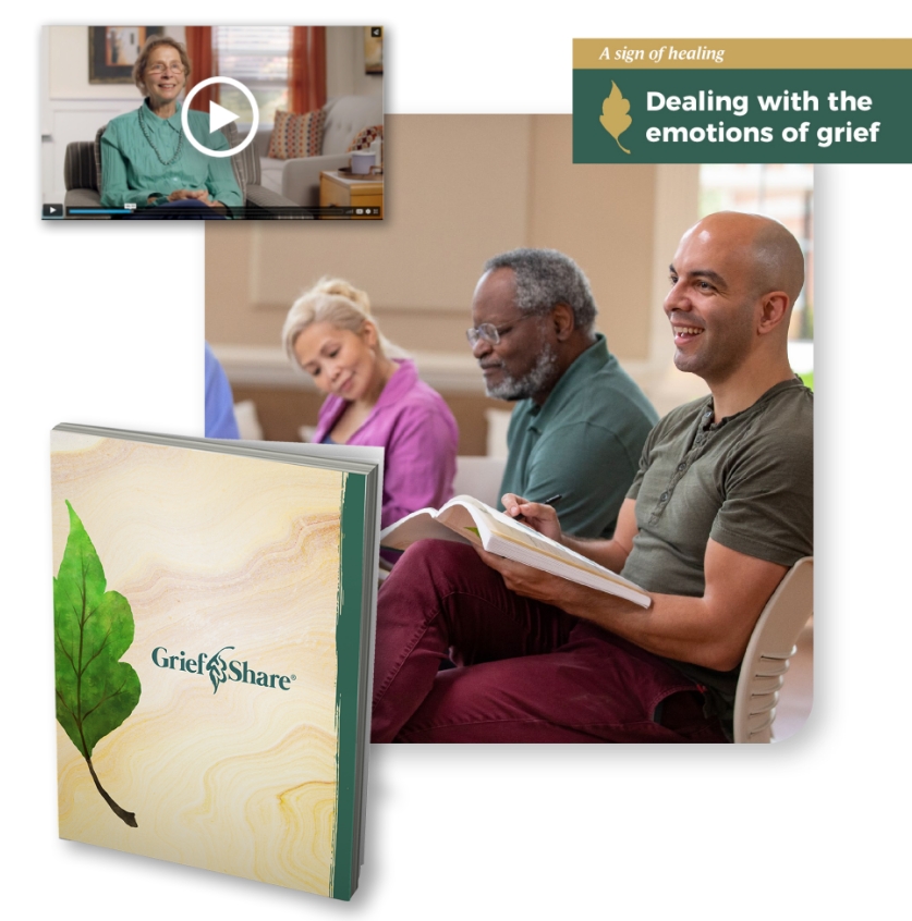 The three main components of GriefShare: a video seminar, a personal workbook, and the support group experience.