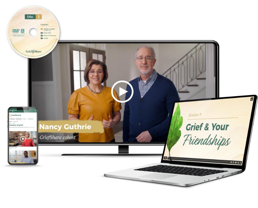 A television, cell phone, and laptop are paused on different sections from the GriefShare weekly videos. GriefShare cohosts Dave and Nancy Guthrie are featured onscreen.