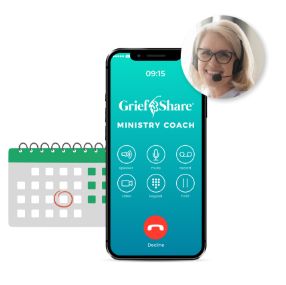 A smartphone is dialing GriefShare, while a calendar has a specific date highlighted. A smiling GriefShare coach is answering the call.