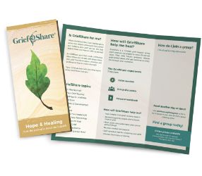 A GriefShare brochure featuring a leaf on the front and an open brochure with GriefShare information.